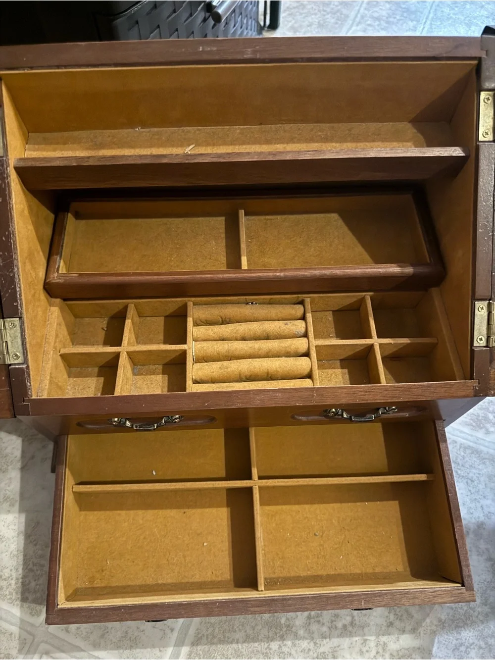 Wood-Finish Jewelry Organizer with Etched Glass Panels - Brown